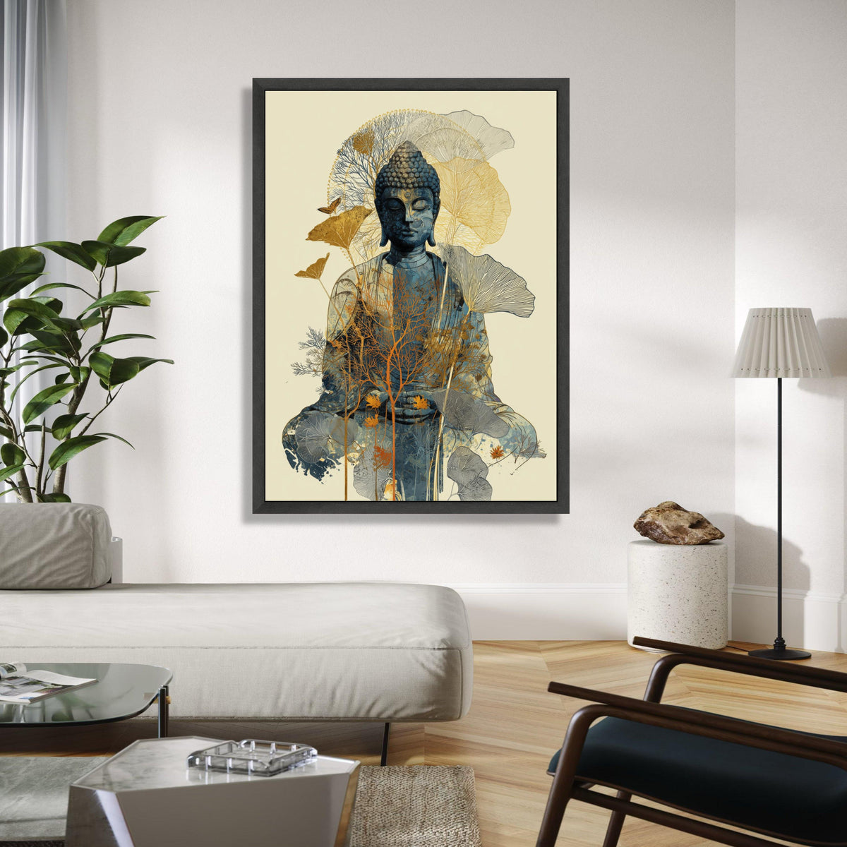 Meditative Buddha Canvas Wall Art, Zen Spiritual Decor, Nature Inspired Floral Overlay, Calm Serenity Home Gift Art, Home Decor, Print