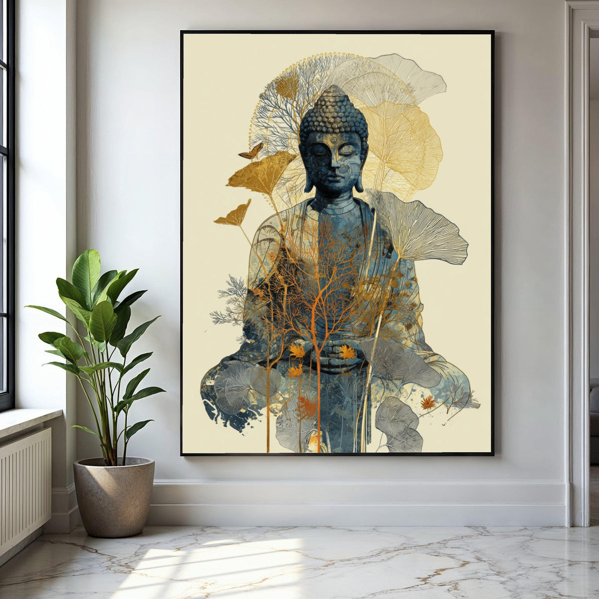 Meditative Buddha Canvas Wall Art, Zen Spiritual Decor, Nature Inspired Floral Overlay, Calm Serenity Home Gift Art, Home Decor, Print