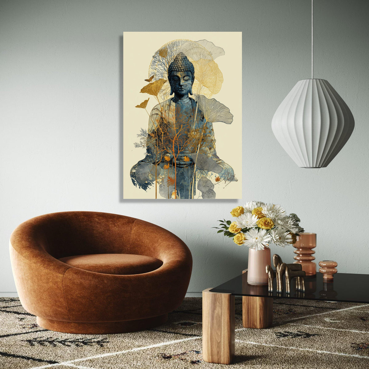 Meditative Buddha Canvas Wall Art, Zen Spiritual Decor, Nature Inspired Floral Overlay, Calm Serenity Home Gift Art, Home Decor, Print