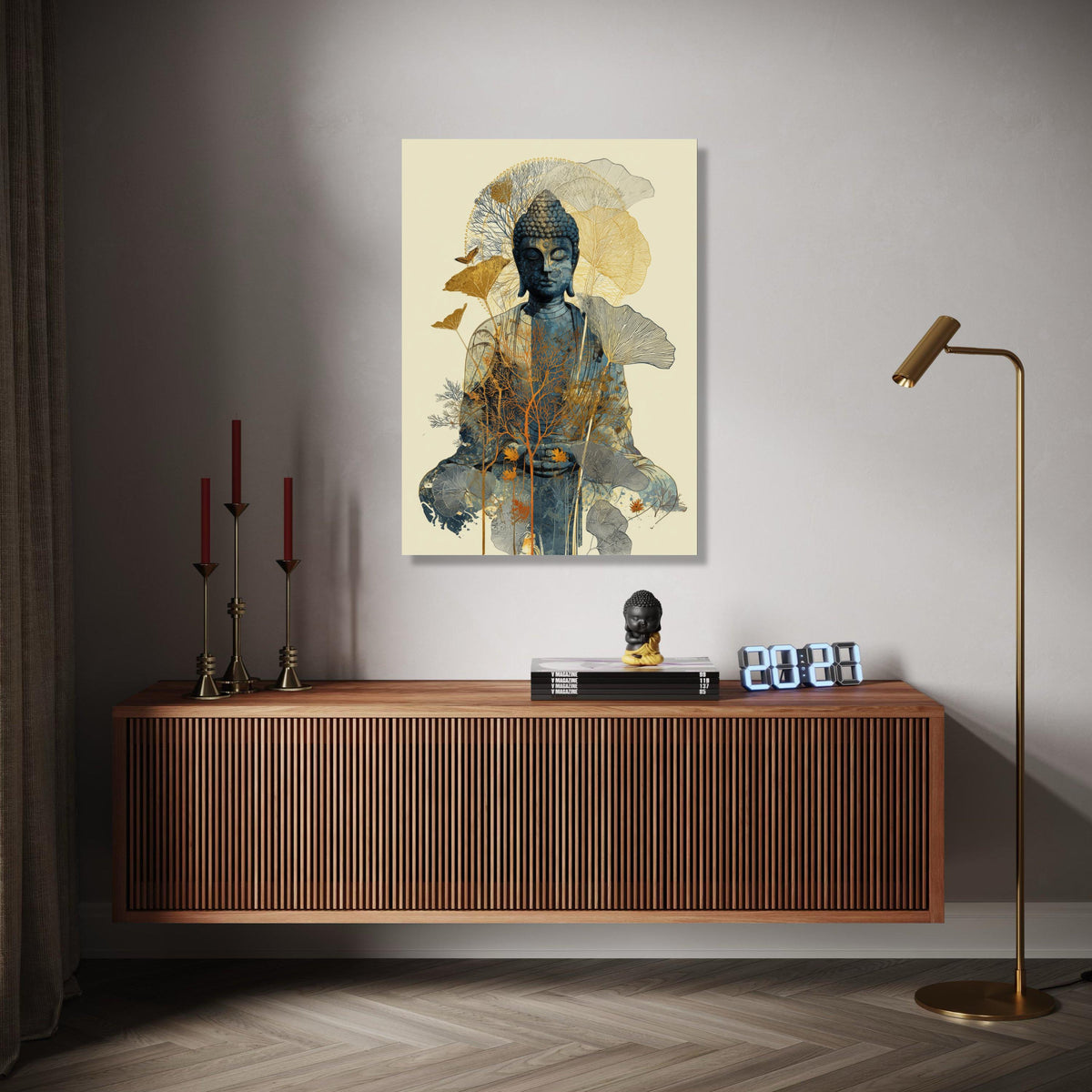 Meditative Buddha Canvas Wall Art, Zen Spiritual Decor, Nature Inspired Floral Overlay, Calm Serenity Home Gift Art, Home Decor, Print