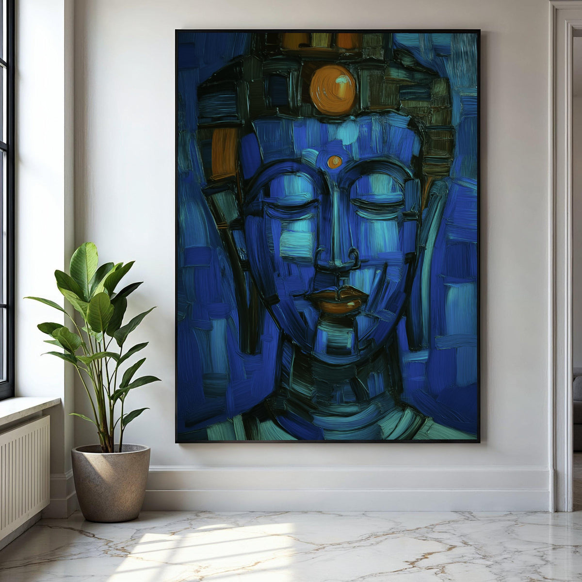 Abstract Blue Buddha Face Canvas, Spiritual Wall Art, Meditation Decor, Modern Zen Canvas Painting, Tranquil Gift Art, Home Decor, Print