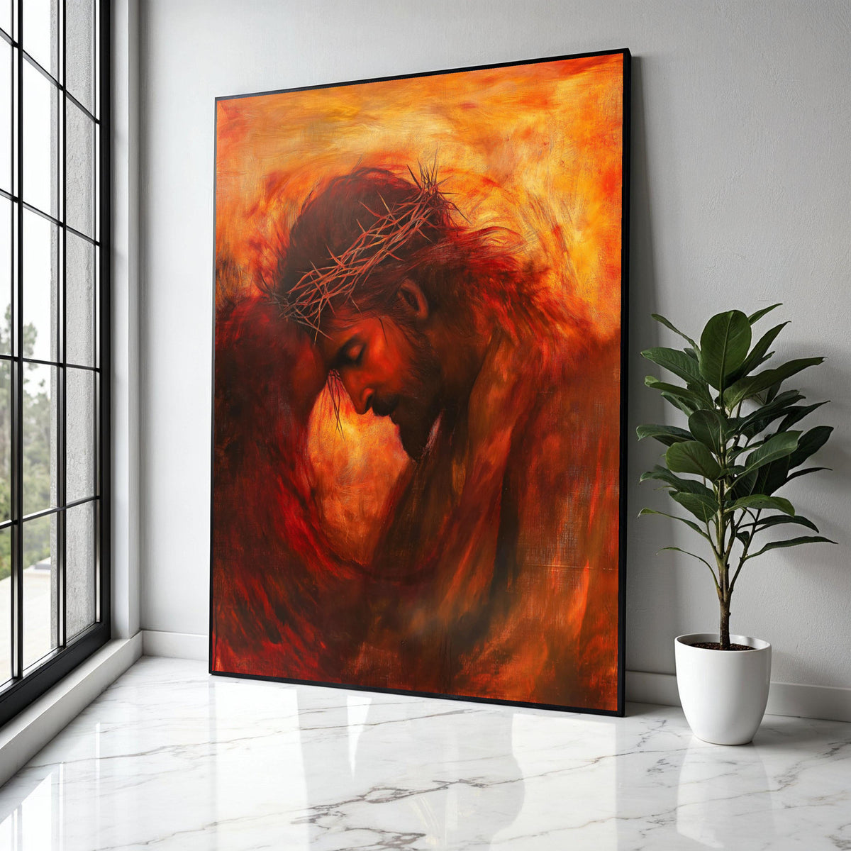 Emotional Jesus Portrait Canvas Wall Art, Crown of Thorns Painting, Spiritual Christian Decor, Religious Canvas Gift Art, Home Decor, Print