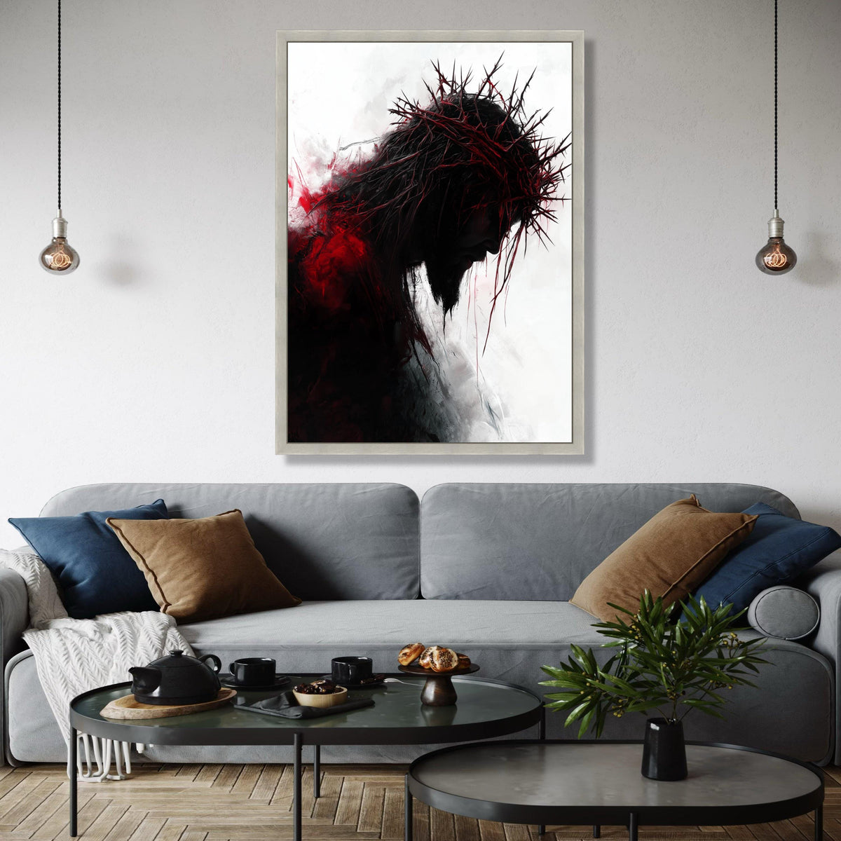 Dark Silhouette with Thorn Crown Canvas Wall Art, Dramatic Religious Canvas, Red and Black Abstract Portrait, Gift Art, Home Decor, Print