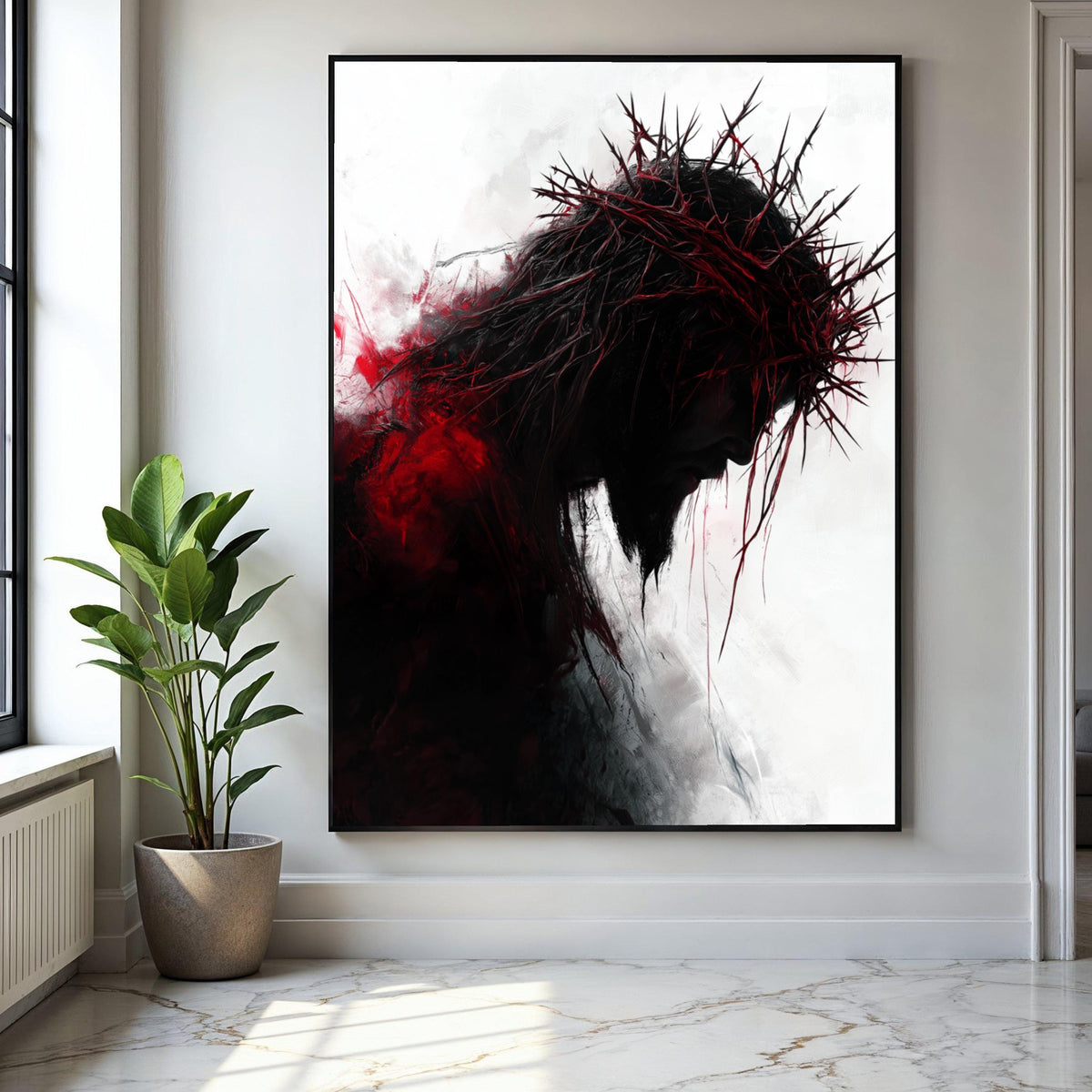 Dark Silhouette with Thorn Crown Canvas Wall Art, Dramatic Religious Canvas, Red and Black Abstract Portrait, Gift Art, Home Decor, Print