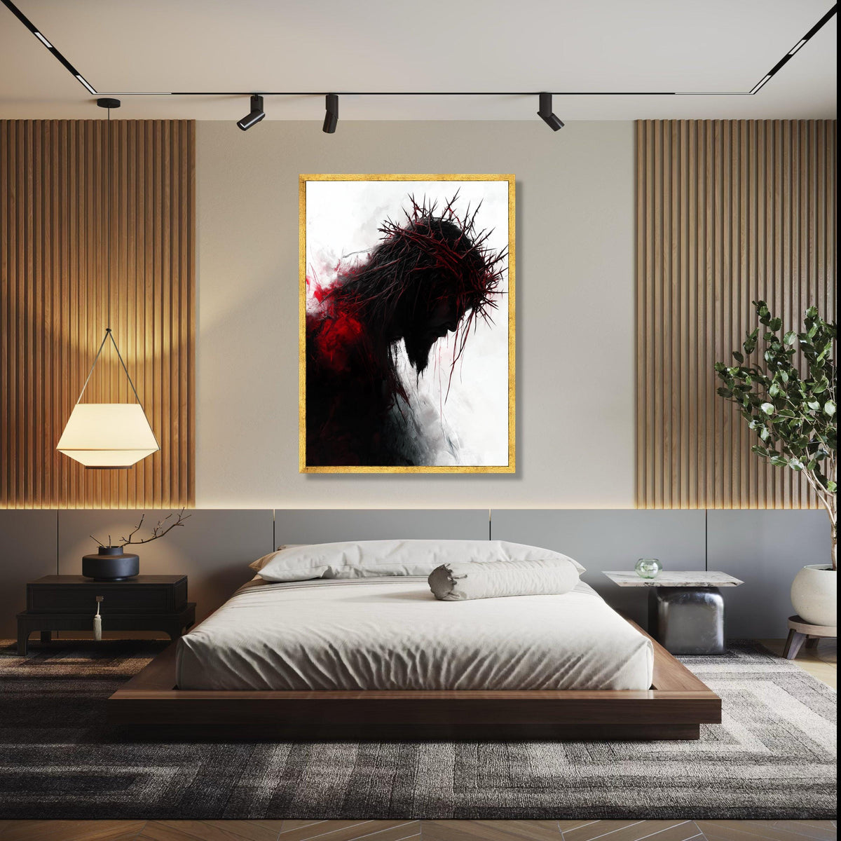 Dark Silhouette with Thorn Crown Canvas Wall Art, Dramatic Religious Canvas, Red and Black Abstract Portrait, Gift Art, Home Decor, Print