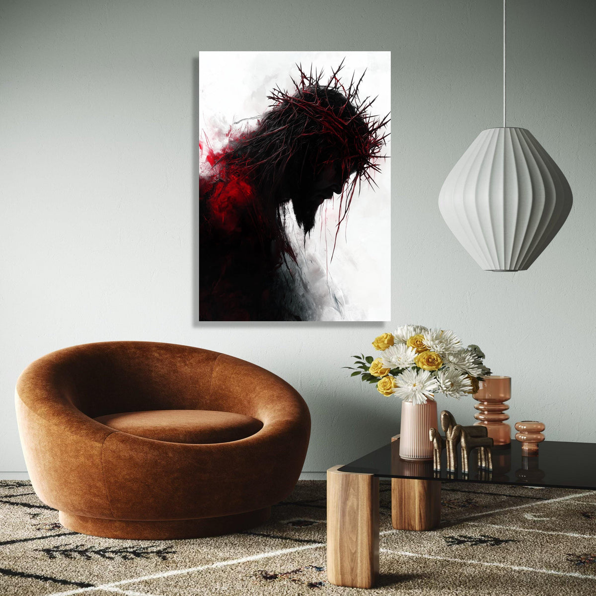 Dark Silhouette with Thorn Crown Canvas Wall Art, Dramatic Religious Canvas, Red and Black Abstract Portrait, Gift Art, Home Decor, Print