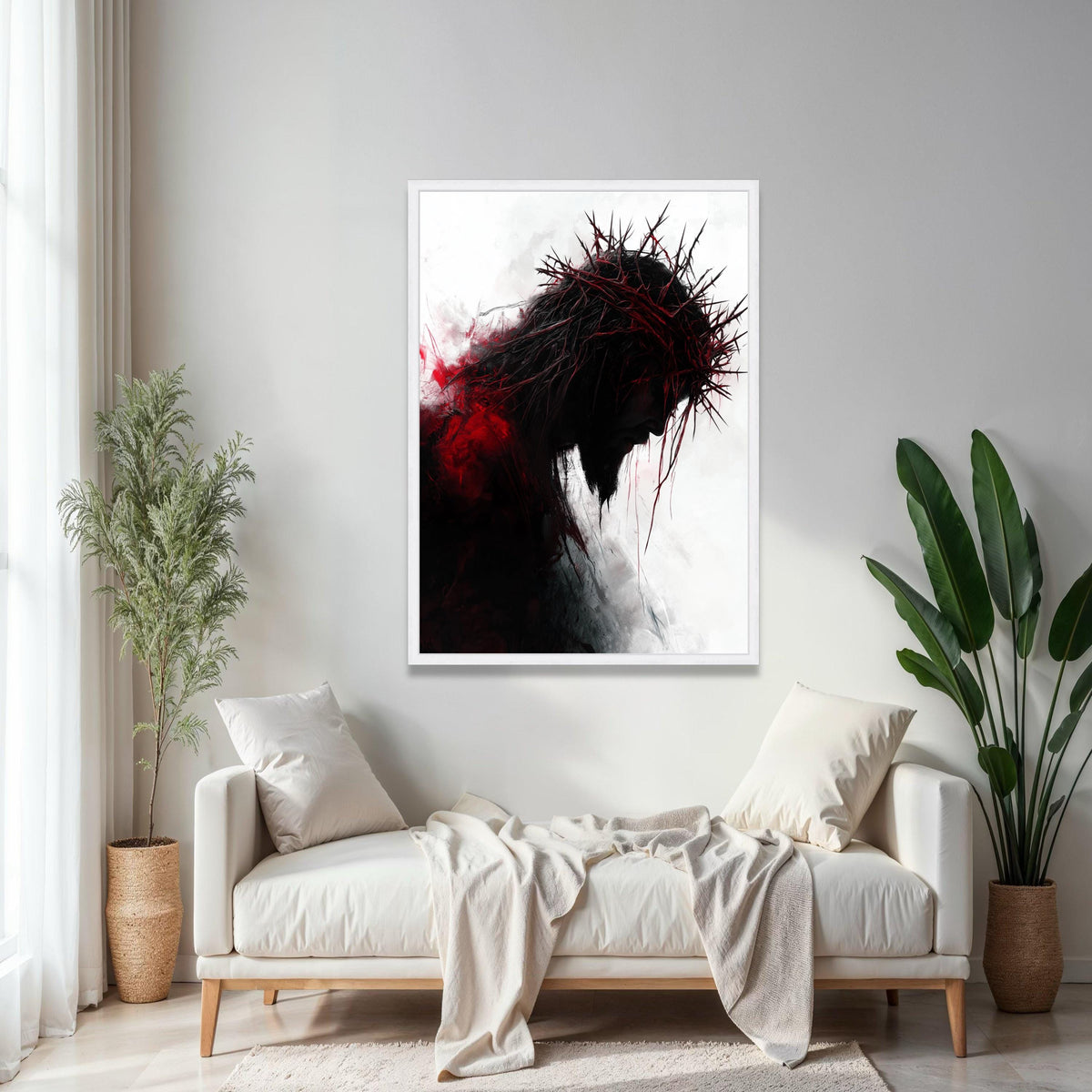 Dark Silhouette with Thorn Crown Canvas Wall Art, Dramatic Religious Canvas, Red and Black Abstract Portrait, Gift Art, Home Decor, Print