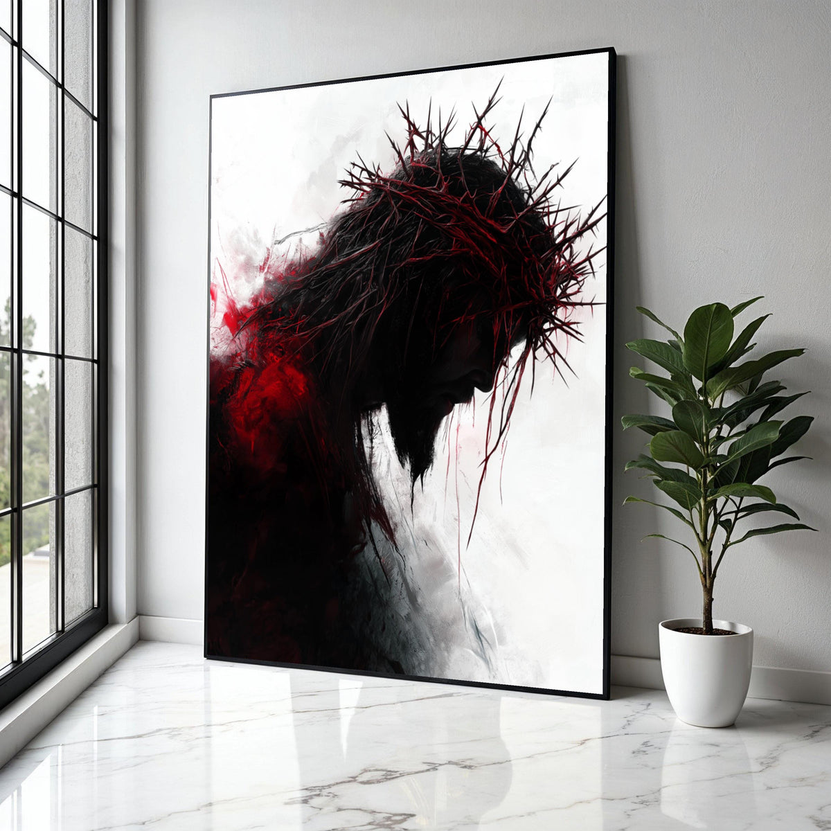 Dark Silhouette with Thorn Crown Canvas Wall Art, Dramatic Religious Canvas, Red and Black Abstract Portrait, Gift Art, Home Decor, Print