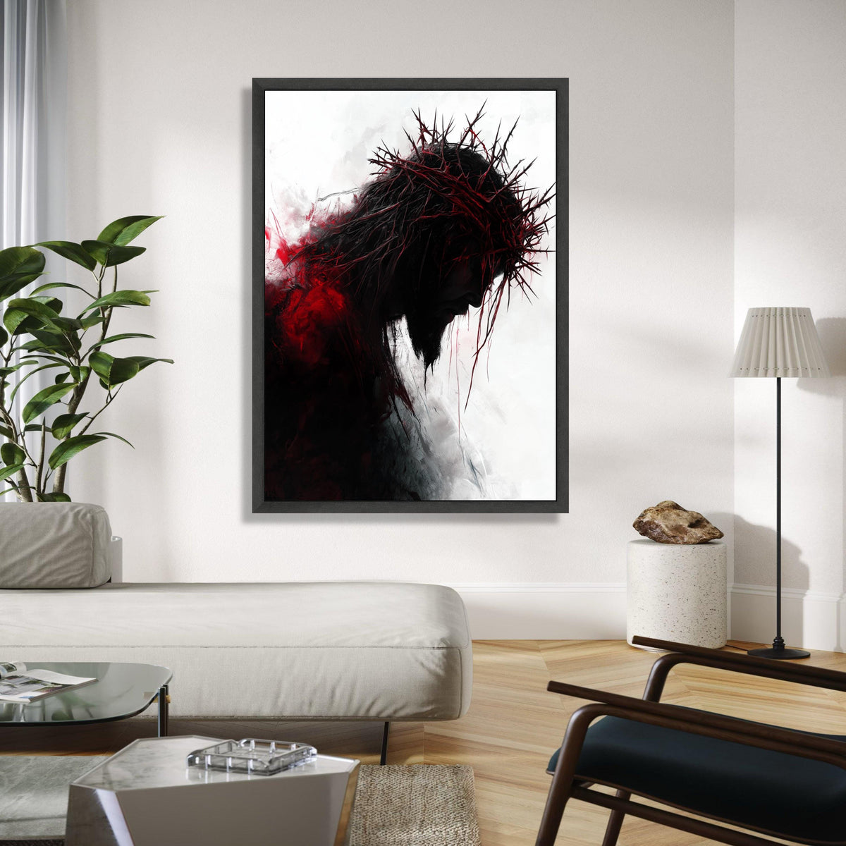 Dark Silhouette with Thorn Crown Canvas Wall Art, Dramatic Religious Canvas, Red and Black Abstract Portrait, Gift Art, Home Decor, Print