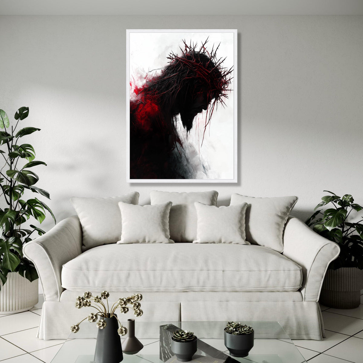 Dark Silhouette with Thorn Crown Canvas Wall Art, Dramatic Religious Canvas, Red and Black Abstract Portrait, Gift Art, Home Decor, Print