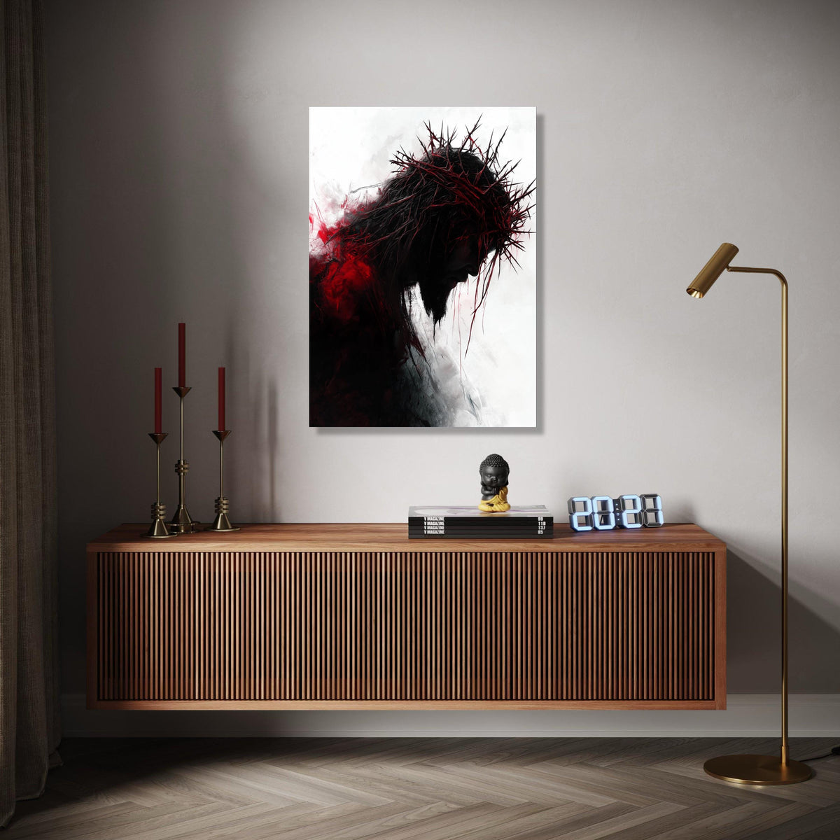 Dark Silhouette with Thorn Crown Canvas Wall Art, Dramatic Religious Canvas, Red and Black Abstract Portrait, Gift Art, Home Decor, Print
