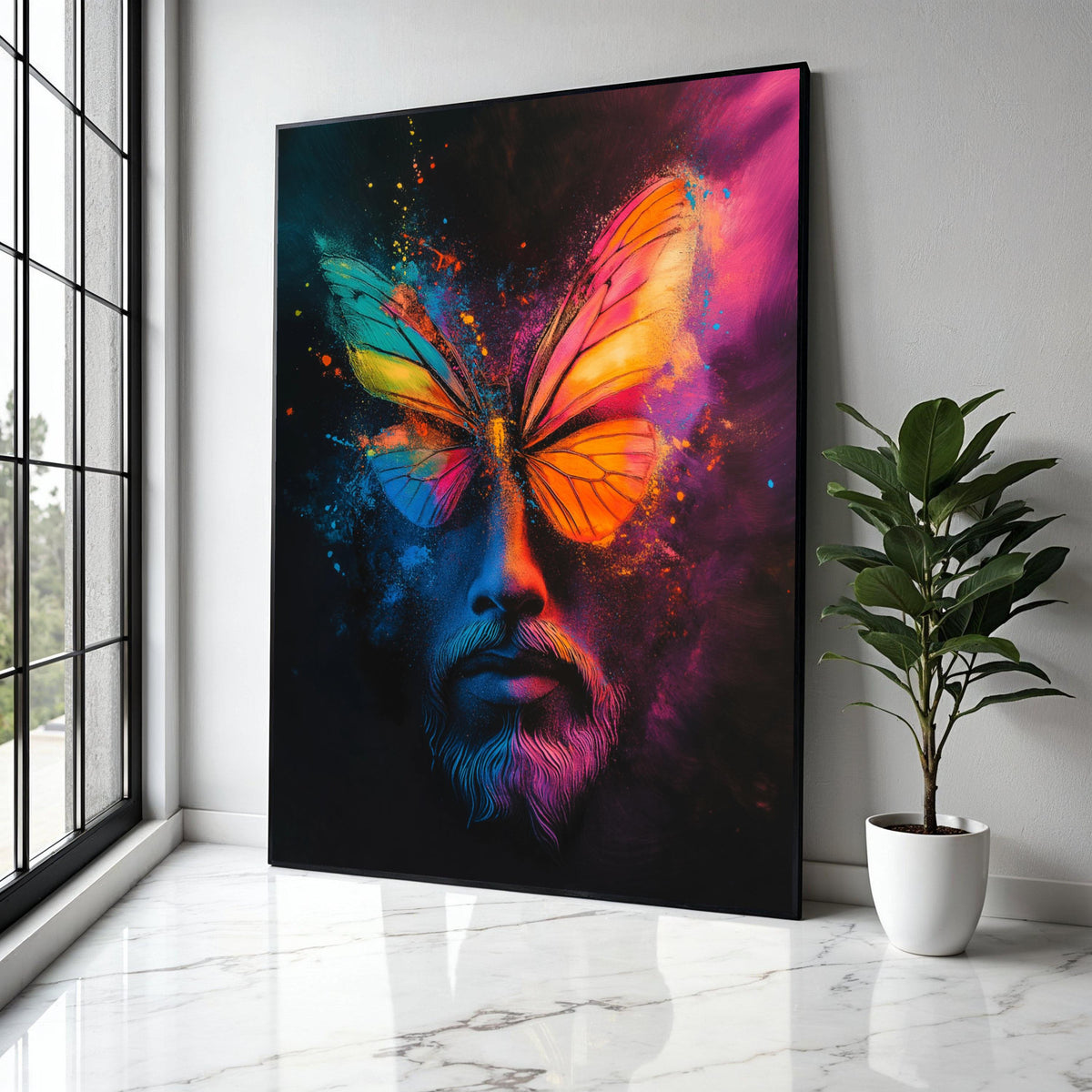 Vibrant Butterfly Face Canvas, Color Splash Abstract Wall Art, Psychedelic Portrait Canvas, Modern Home Gift Art, Home Decor, Print