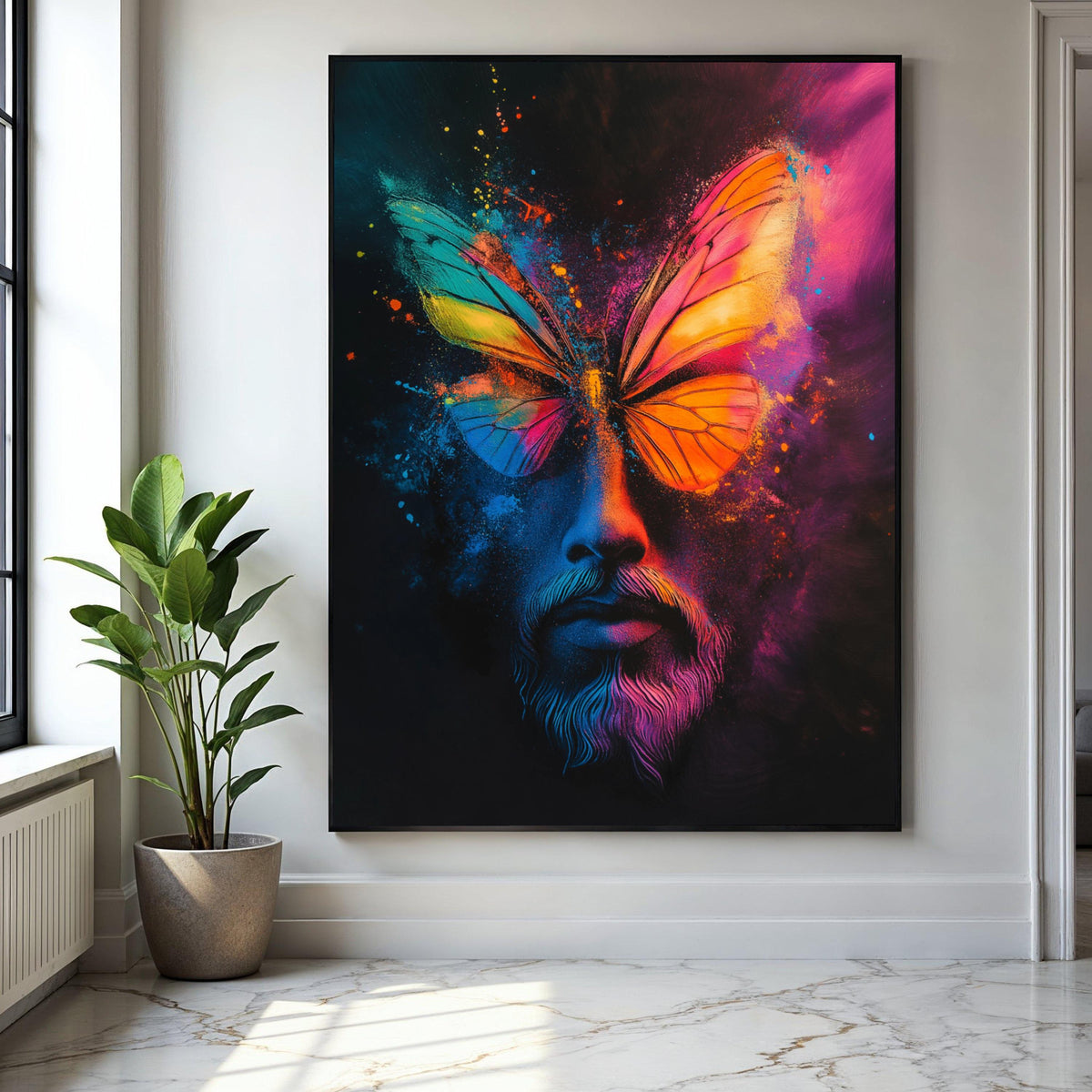 Vibrant Butterfly Face Canvas, Color Splash Abstract Wall Art, Psychedelic Portrait Canvas, Modern Home Gift Art, Home Decor, Print