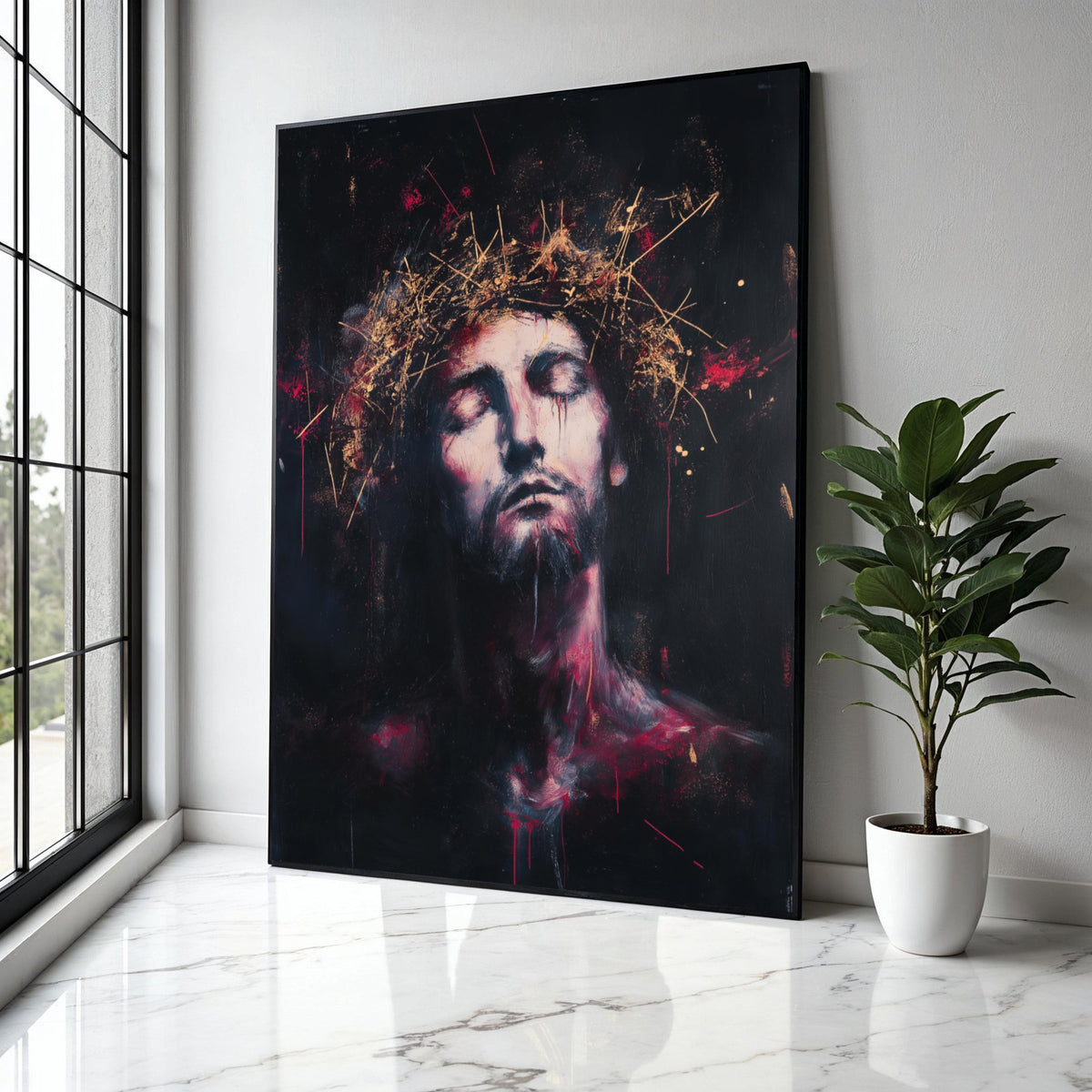 Contemplative Christ Portrait Canvas, Crown of Thorns Wall Art, Religious Expression Painting, Spiritual Home Gift Art, Home Decor, Print