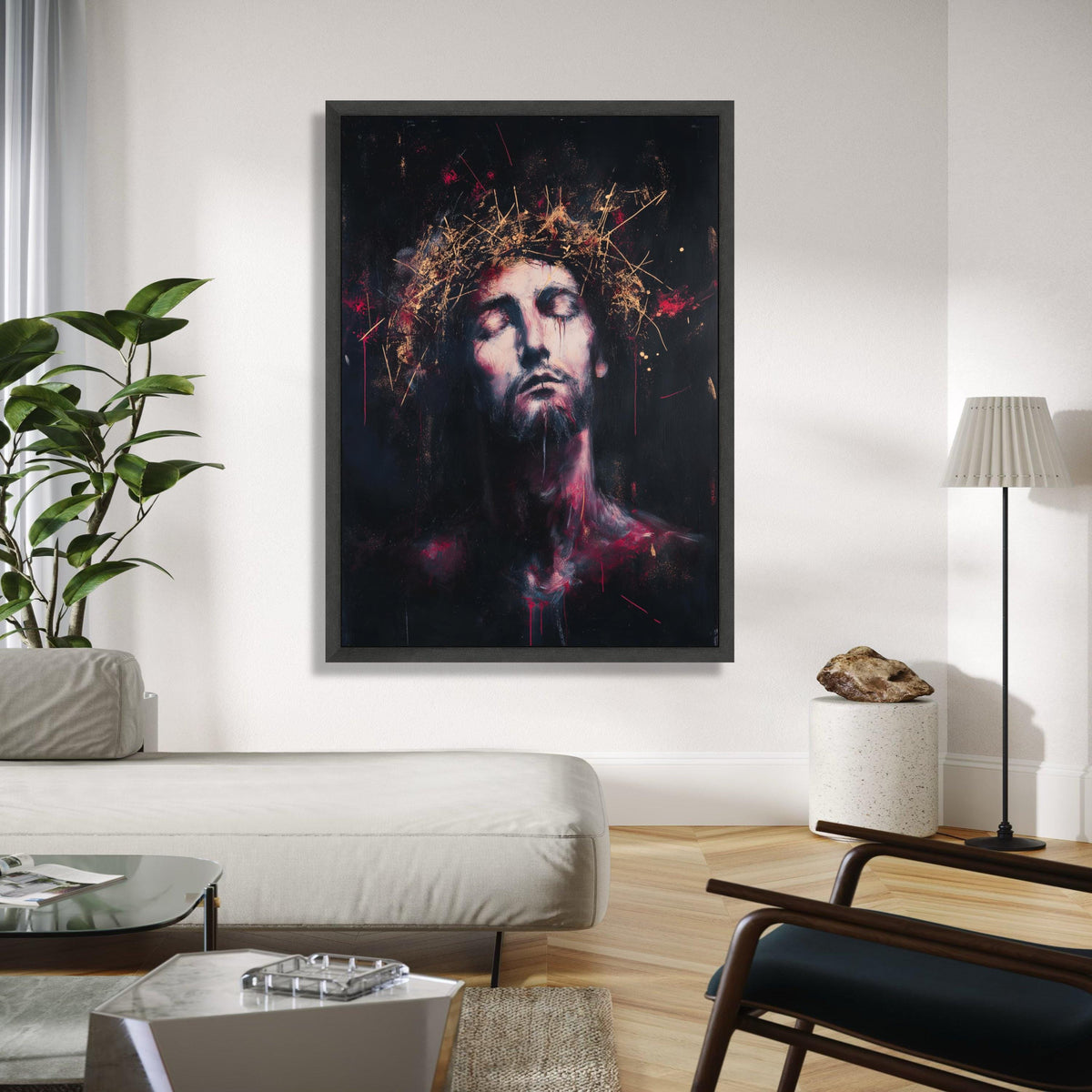 Contemplative Christ Portrait Canvas, Crown of Thorns Wall Art, Religious Expression Painting, Spiritual Home Gift Art, Home Decor, Print
