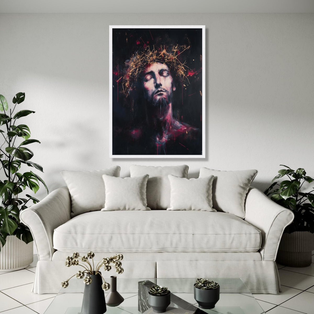 Contemplative Christ Portrait Canvas, Crown of Thorns Wall Art, Religious Expression Painting, Spiritual Home Gift Art, Home Decor, Print