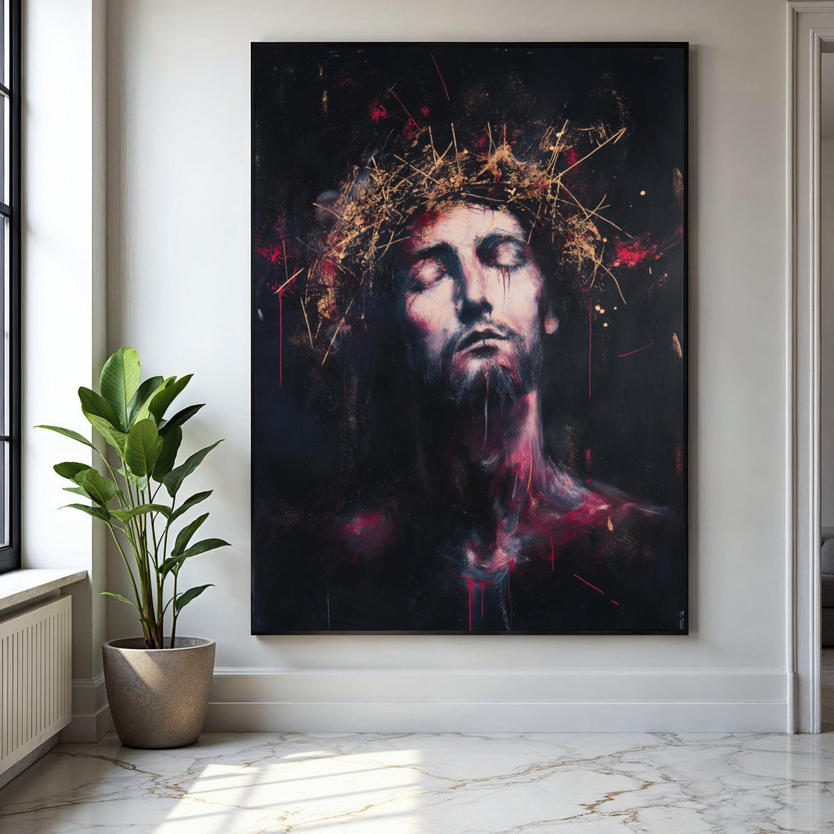 Contemplative Christ Portrait Canvas, Crown of Thorns Wall Art, Religious Expression Painting, Spiritual Home Gift Art, Home Decor, Print