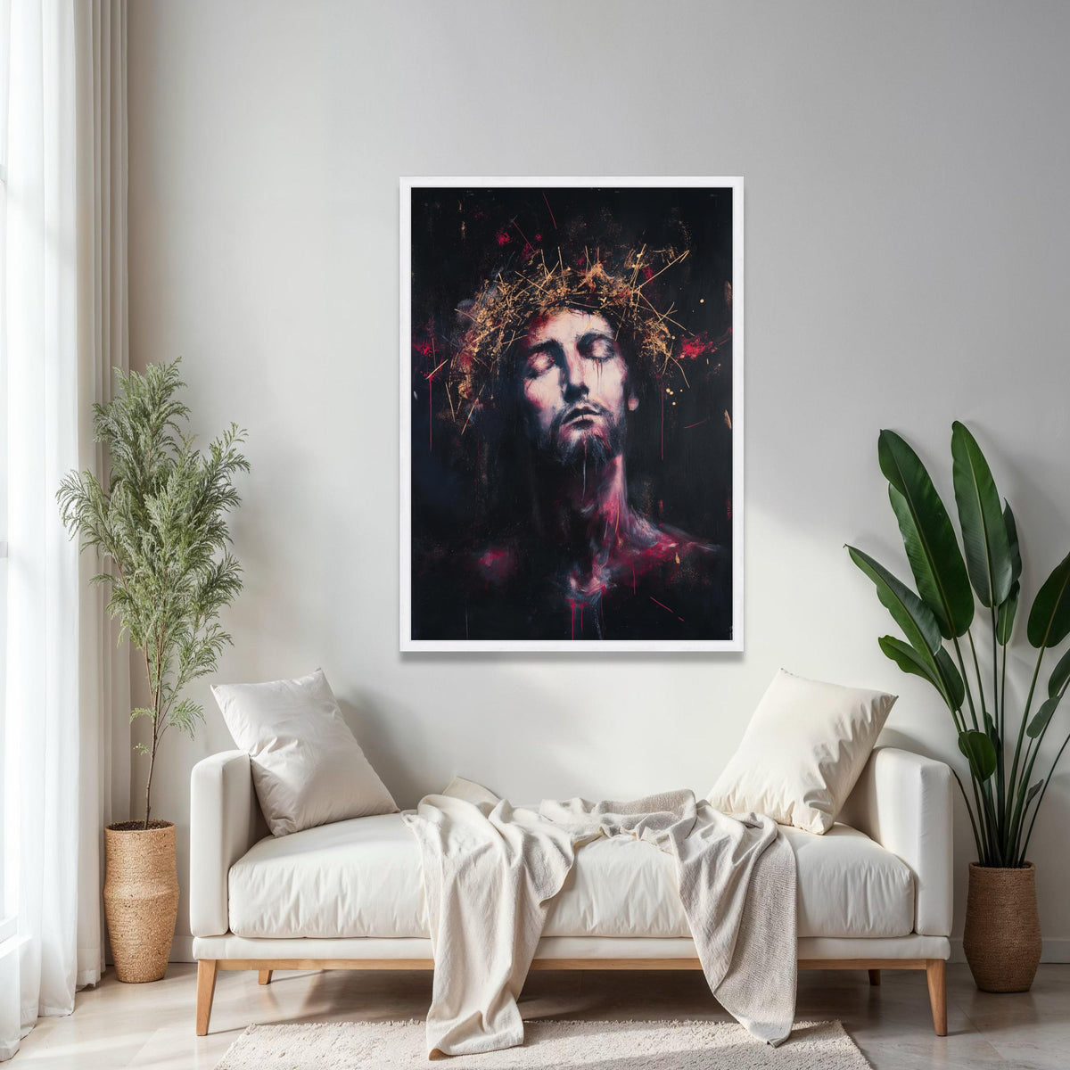Contemplative Christ Portrait Canvas, Crown of Thorns Wall Art, Religious Expression Painting, Spiritual Home Gift Art, Home Decor, Print