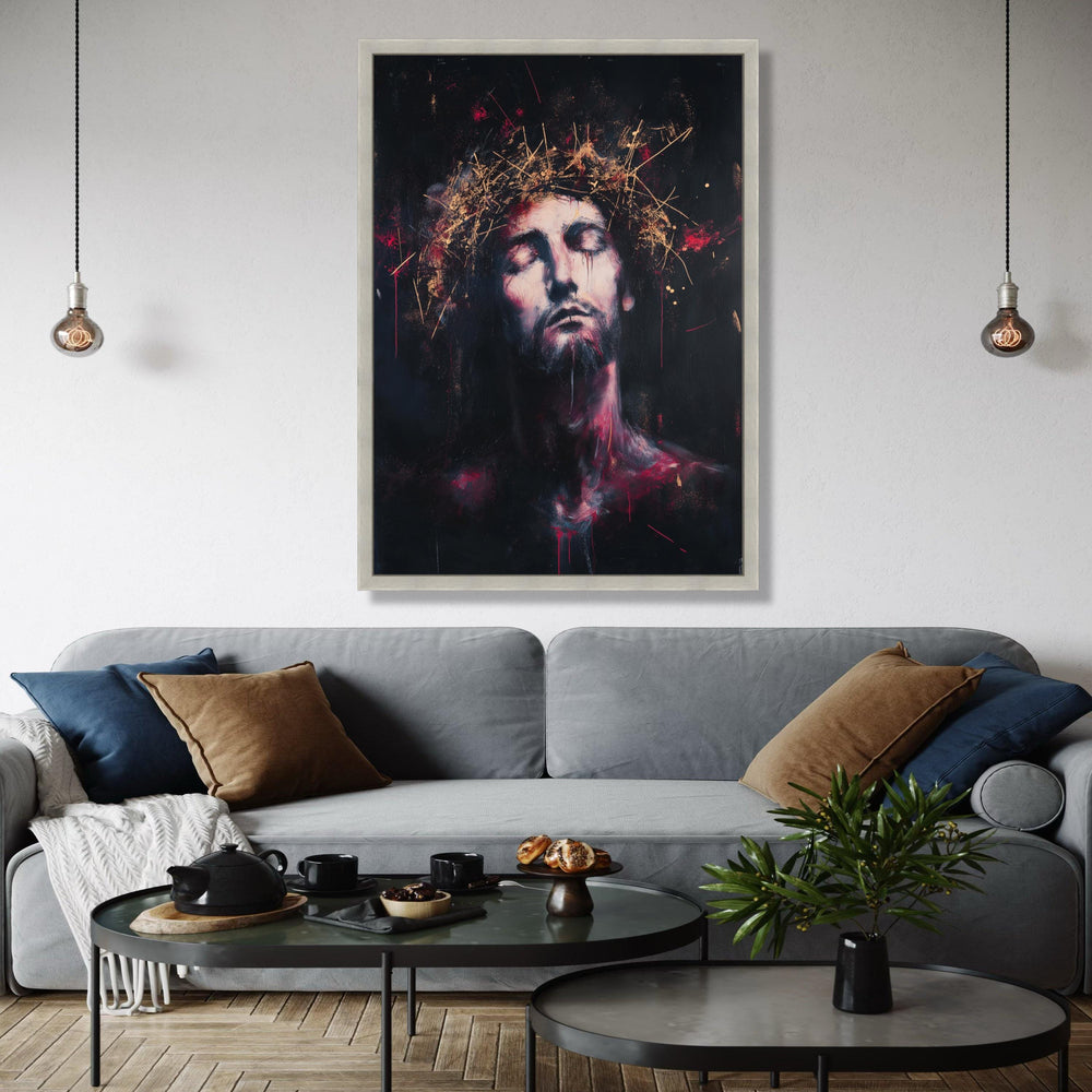 Contemplative Christ Portrait Canvas, Crown of Thorns Wall Art, Religious Expression Painting, Spiritual Home Gift Art, Home Decor, Print