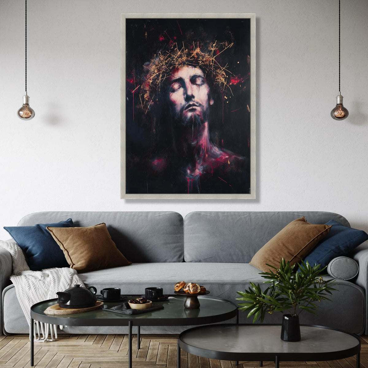 Contemplative Christ Portrait Canvas, Crown of Thorns Wall Art, Religious Expression Painting, Spiritual Home Gift Art, Home Decor, Print