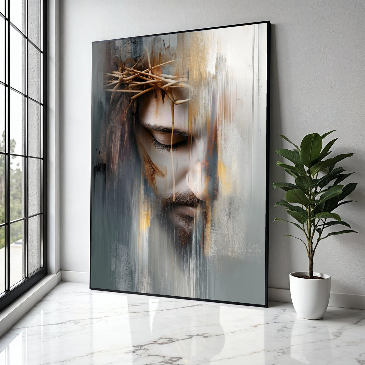 Abstract Jesus Face Canvas Wall Art, Crown of Thorns Painting, Religious Spiritual Canvas, Modern Christian Gift Art, Home Decor, Print