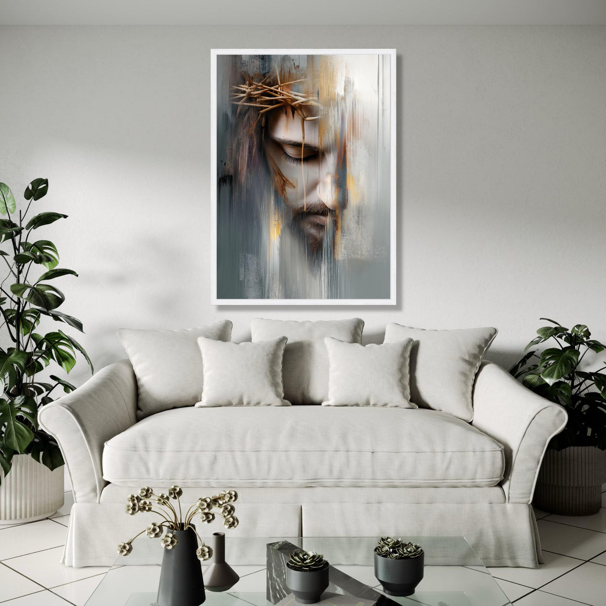 Abstract Jesus Face Canvas Wall Art, Crown of Thorns Painting, Religious Spiritual Canvas, Modern Christian Gift Art, Home Decor, Print
