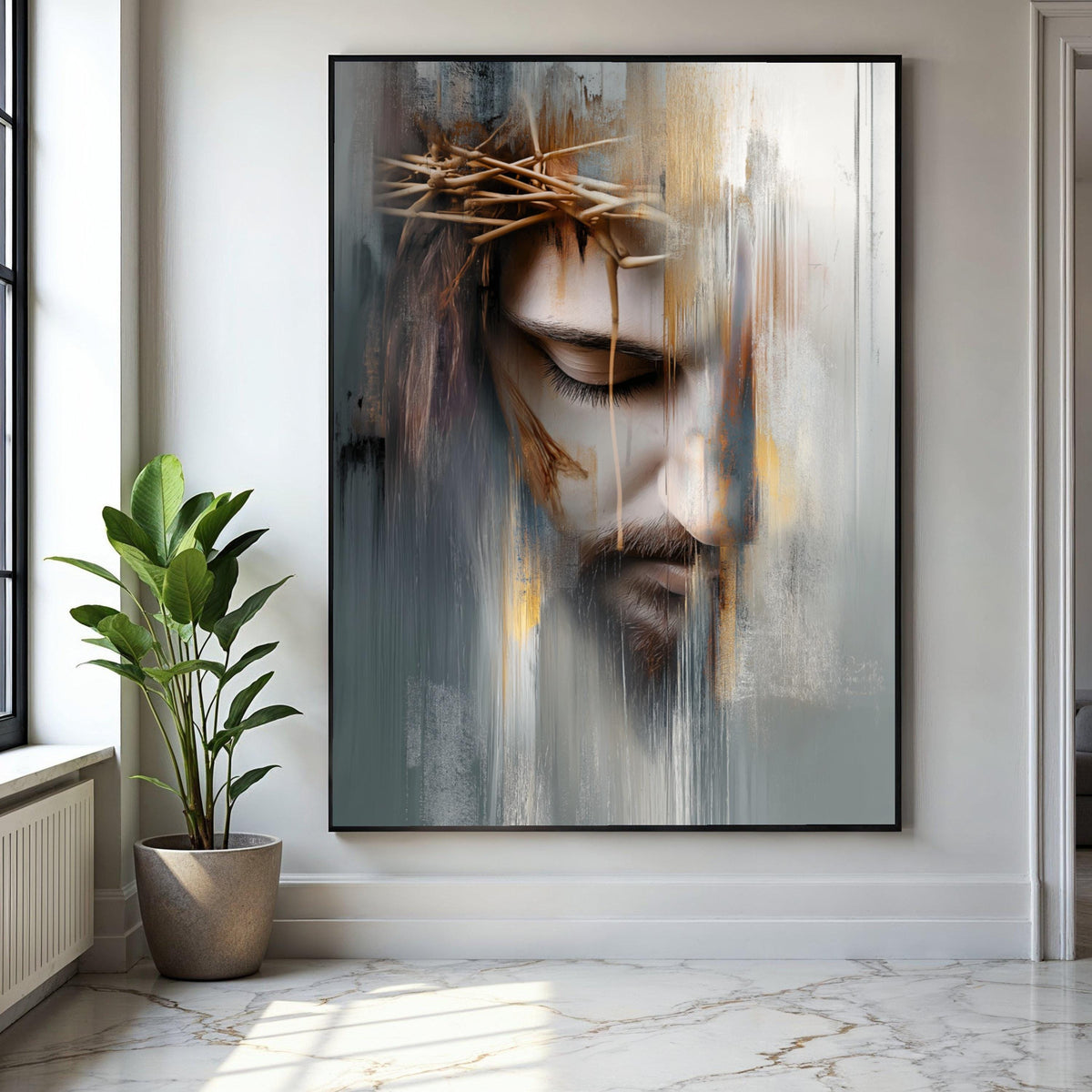 Abstract Jesus Face Canvas Wall Art, Crown of Thorns Painting, Religious Spiritual Canvas, Modern Christian Gift Art, Home Decor, Print