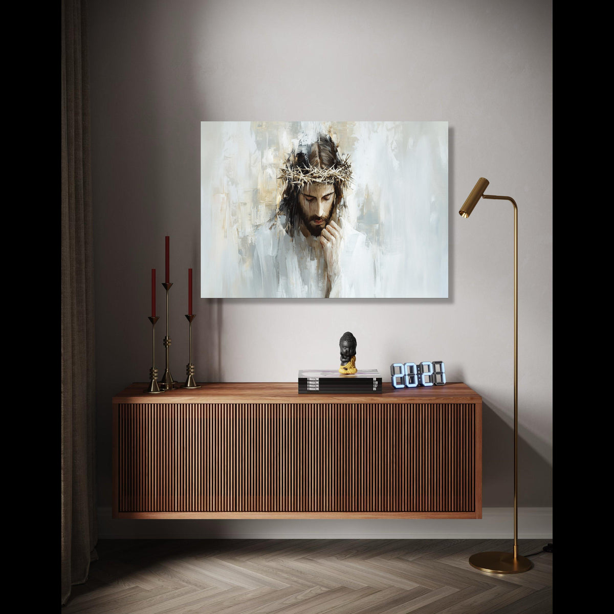 Thoughtful Jesus Portrait Canvas, Crown of Thorns Wall Art, Religious Canvas Painting, Christian Inspirational Gift Art, Home Decor, Print