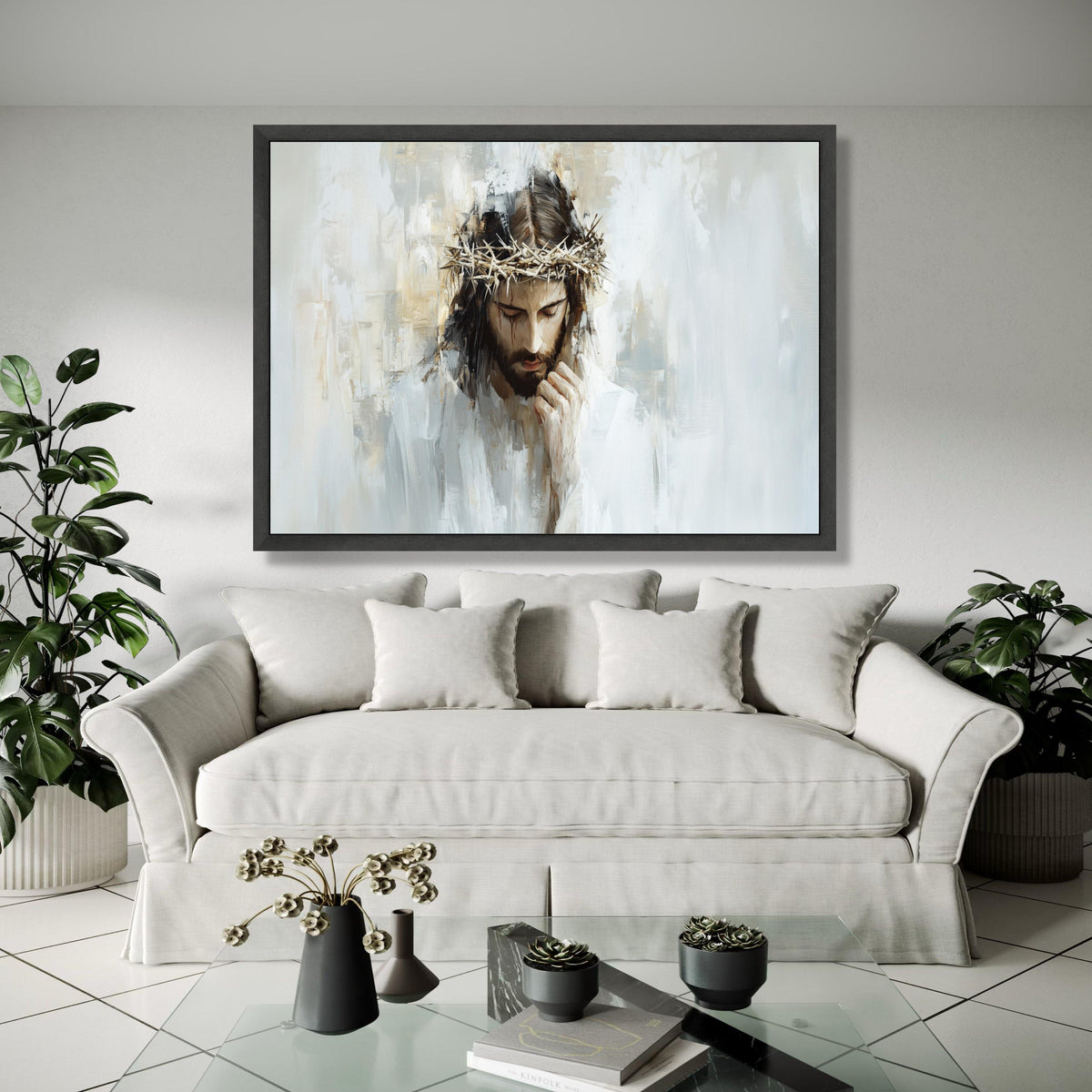 Thoughtful Jesus Portrait Canvas, Crown of Thorns Wall Art, Religious Canvas Painting, Christian Inspirational Gift Art, Home Decor, Print