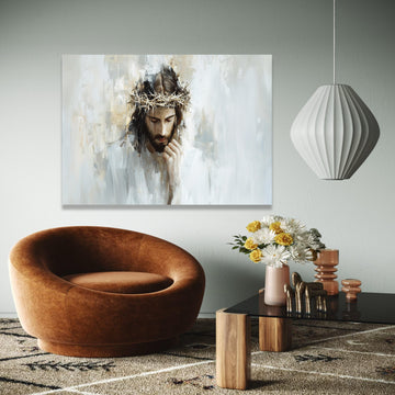 Thoughtful Jesus Portrait Canvas, Crown of Thorns Wall Art, Religious Canvas Painting, Christian Inspirational Gift Art, Home Decor, Print