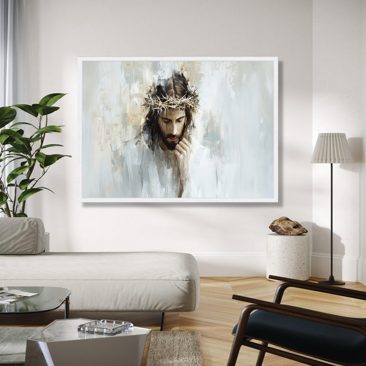 Thoughtful Jesus Portrait Canvas, Crown of Thorns Wall Art, Religious Canvas Painting, Christian Inspirational Gift Art, Home Decor, Print