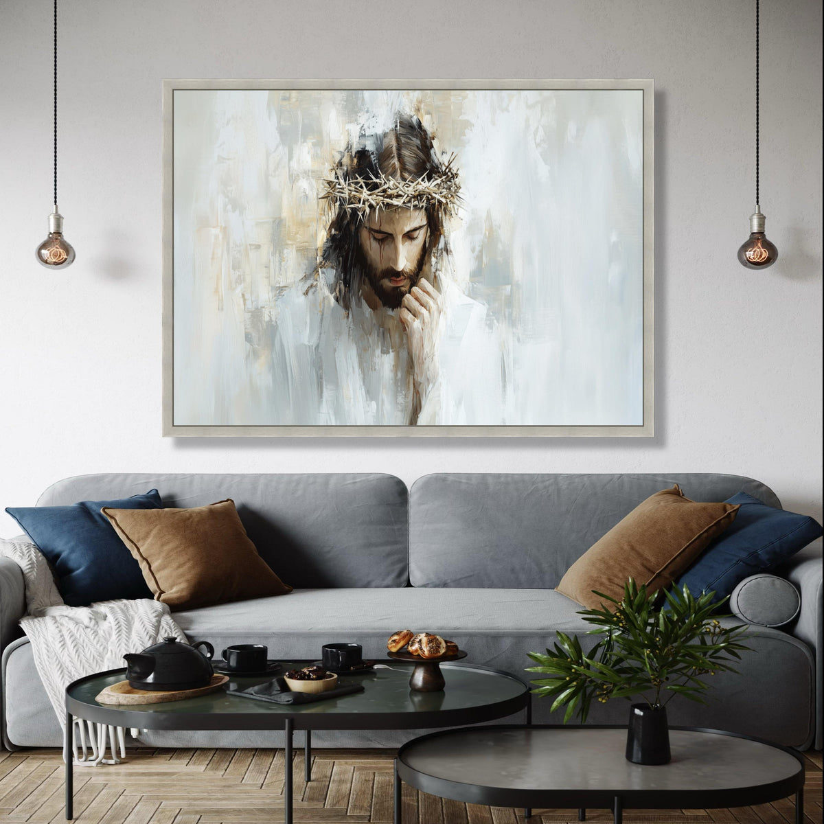 Thoughtful Jesus Portrait Canvas, Crown of Thorns Wall Art, Religious Canvas Painting, Christian Inspirational Gift Art, Home Decor, Print