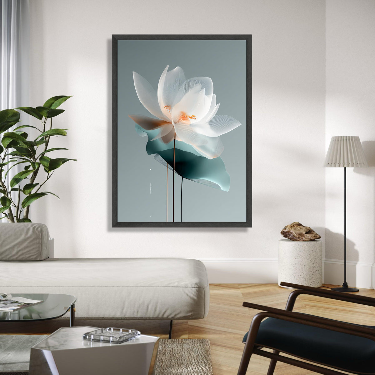 Elegant White Lotus Flower Canvas, Modern Botanical Wall Art, Translucent Floral Canvas, Minimalist Home Gift Art, Home Decor, Print