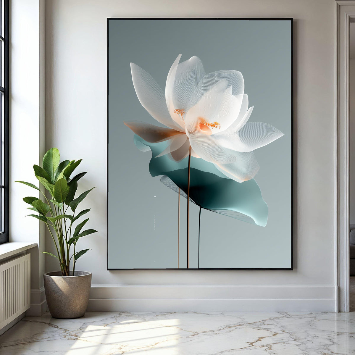 Elegant White Lotus Flower Canvas, Modern Botanical Wall Art, Translucent Floral Canvas, Minimalist Home Gift Art, Home Decor, Print