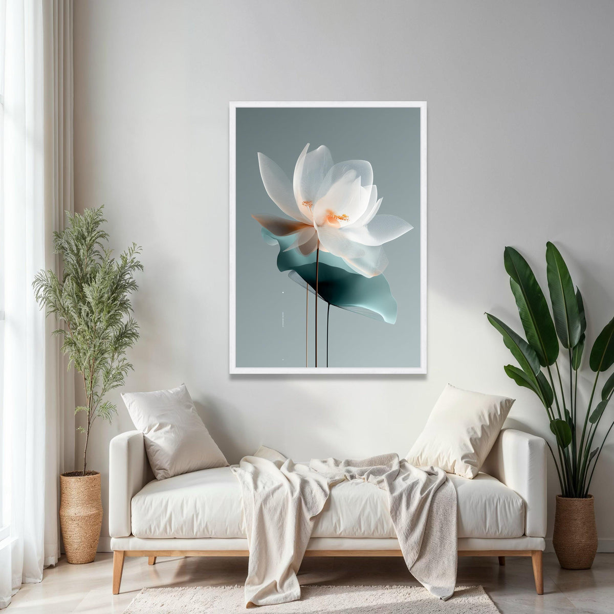 Elegant White Lotus Flower Canvas, Modern Botanical Wall Art, Translucent Floral Canvas, Minimalist Home Gift Art, Home Decor, Print