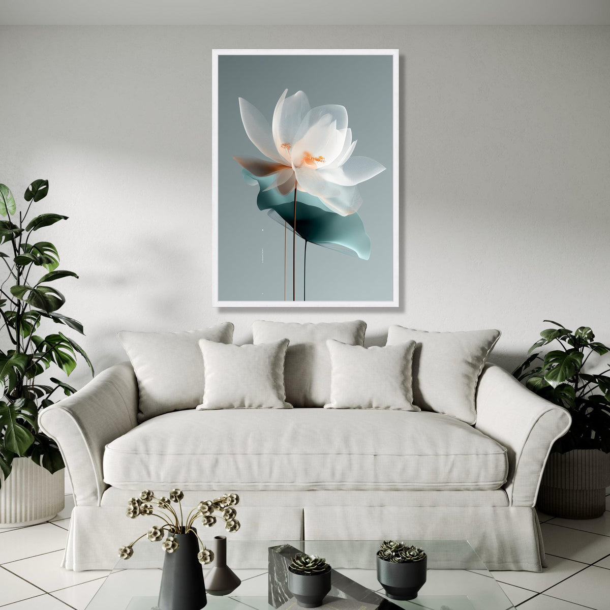 Elegant White Lotus Flower Canvas, Modern Botanical Wall Art, Translucent Floral Canvas, Minimalist Home Gift Art, Home Decor, Print