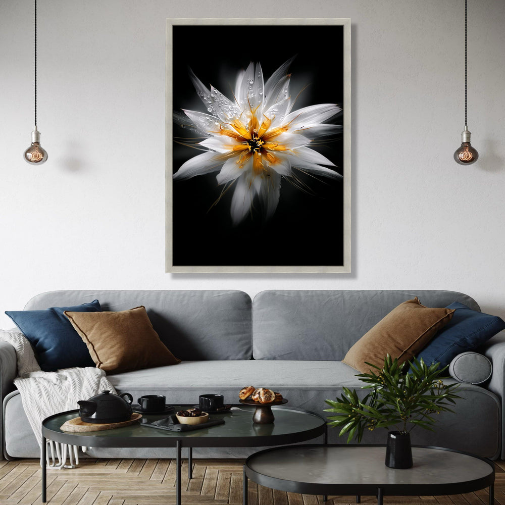 White and Yellow Floral Close-Up Canvas, Water Droplets Flower Art, Modern Nature Wall Decoration, Botanical Gift Art, Home Decor, Print