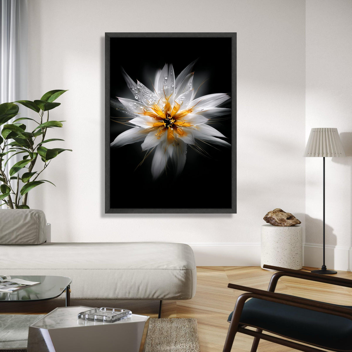 White and Yellow Floral Close-Up Canvas, Water Droplets Flower Art, Modern Nature Wall Decoration, Botanical Gift Art, Home Decor, Print