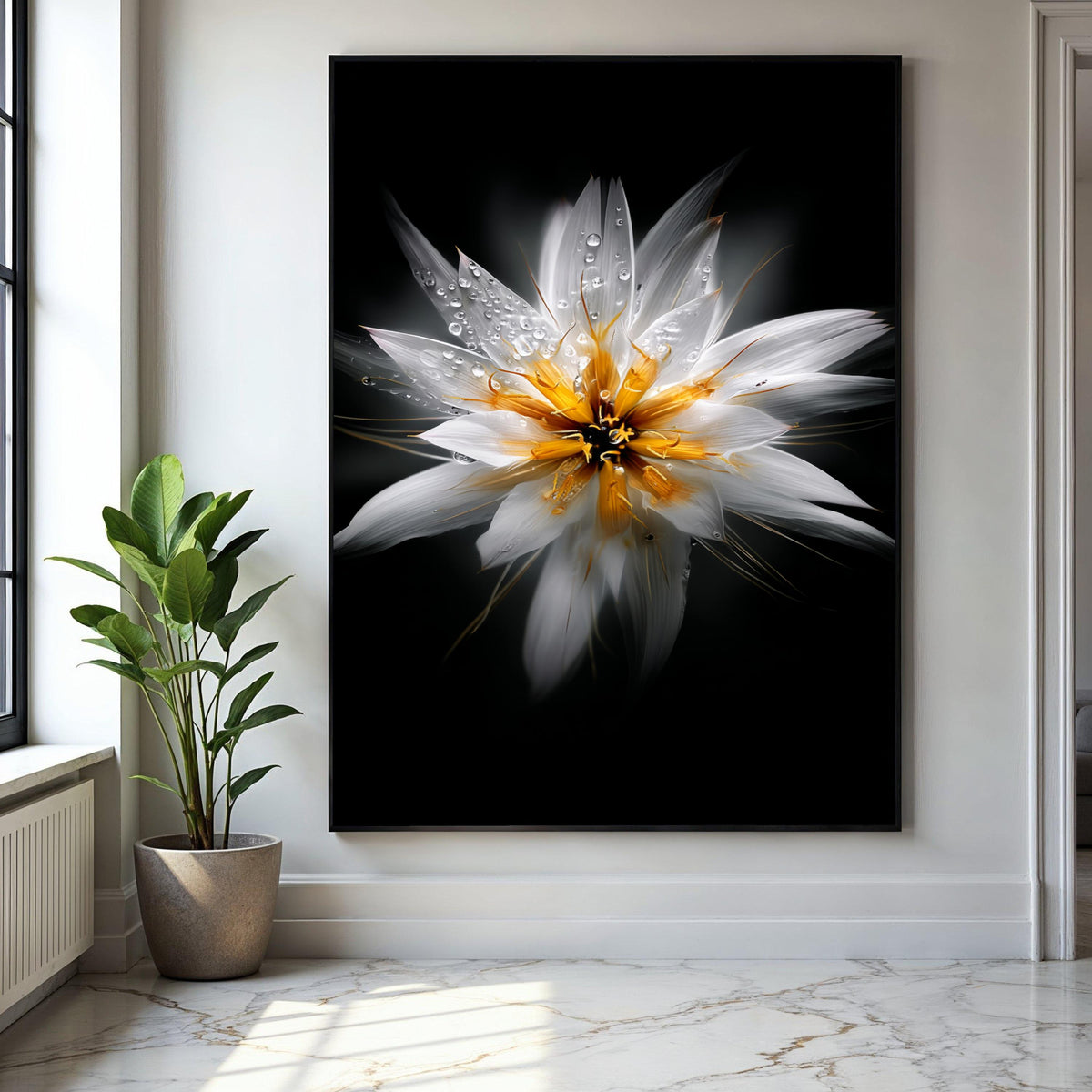 White and Yellow Floral Close-Up Canvas, Water Droplets Flower Art, Modern Nature Wall Decoration, Botanical Gift Art, Home Decor, Print