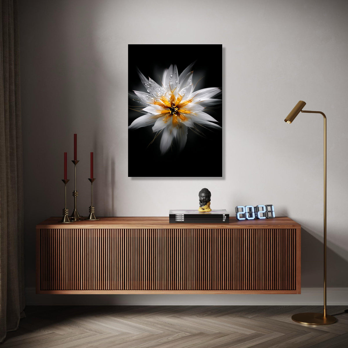 White and Yellow Floral Close-Up Canvas, Water Droplets Flower Art, Modern Nature Wall Decoration, Botanical Gift Art, Home Decor, Print