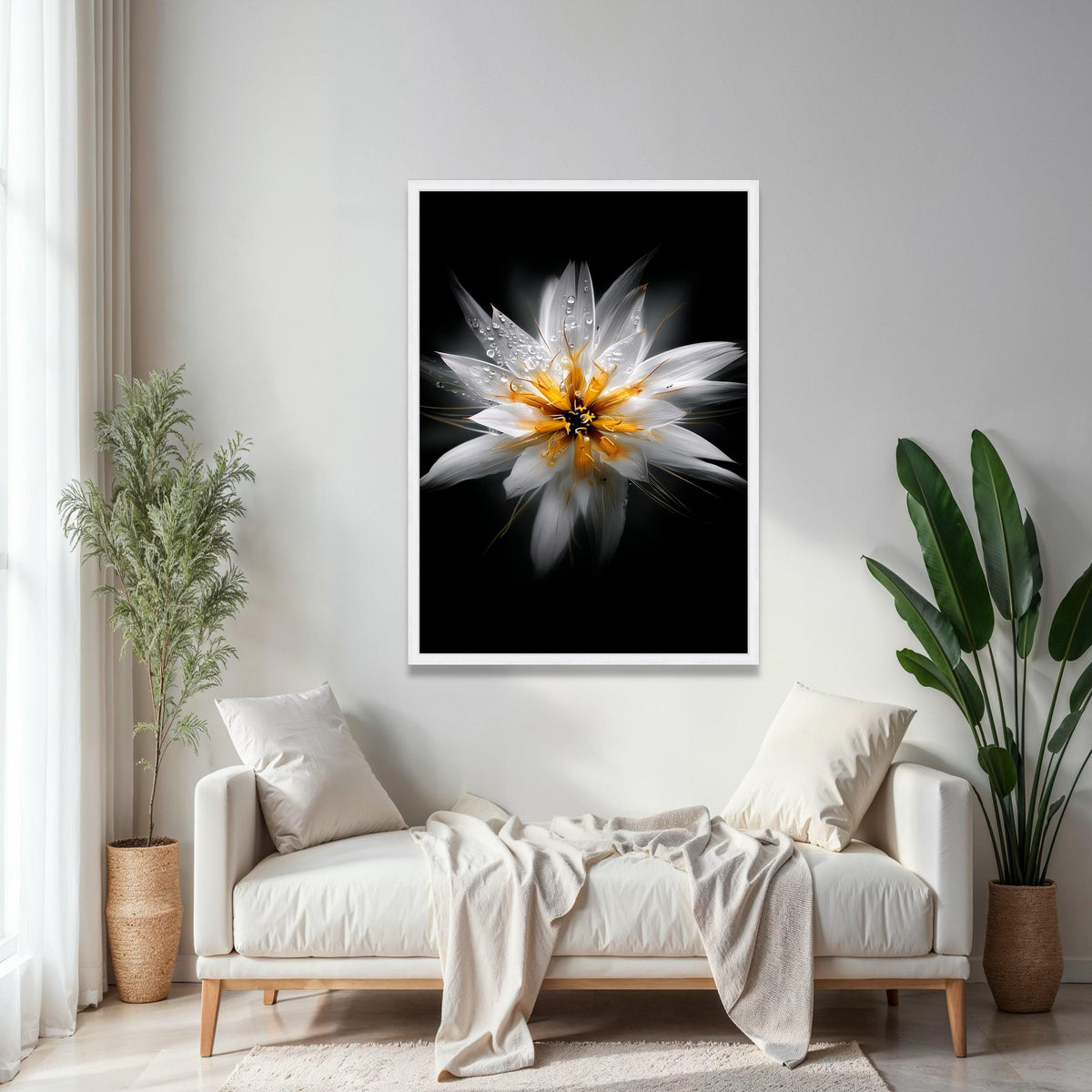 White and Yellow Floral Close-Up Canvas, Water Droplets Flower Art, Modern Nature Wall Decoration, Botanical Gift Art, Home Decor, Print