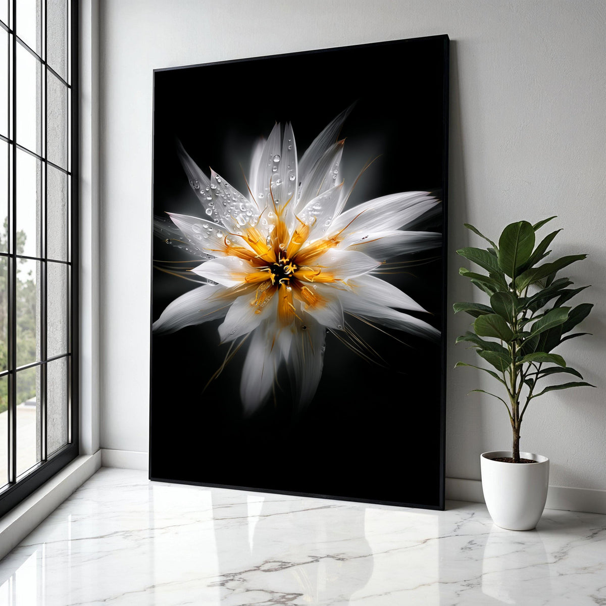 White and Yellow Floral Close-Up Canvas, Water Droplets Flower Art, Modern Nature Wall Decoration, Botanical Gift Art, Home Decor, Print