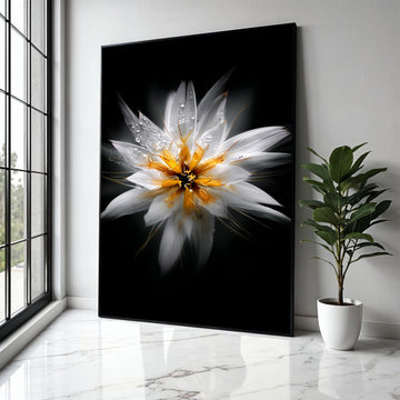 White and Yellow Floral Close-Up Canvas, Water Droplets Flower Art, Modern Nature Wall Decoration, Botanical Gift Art, Home Decor, Print