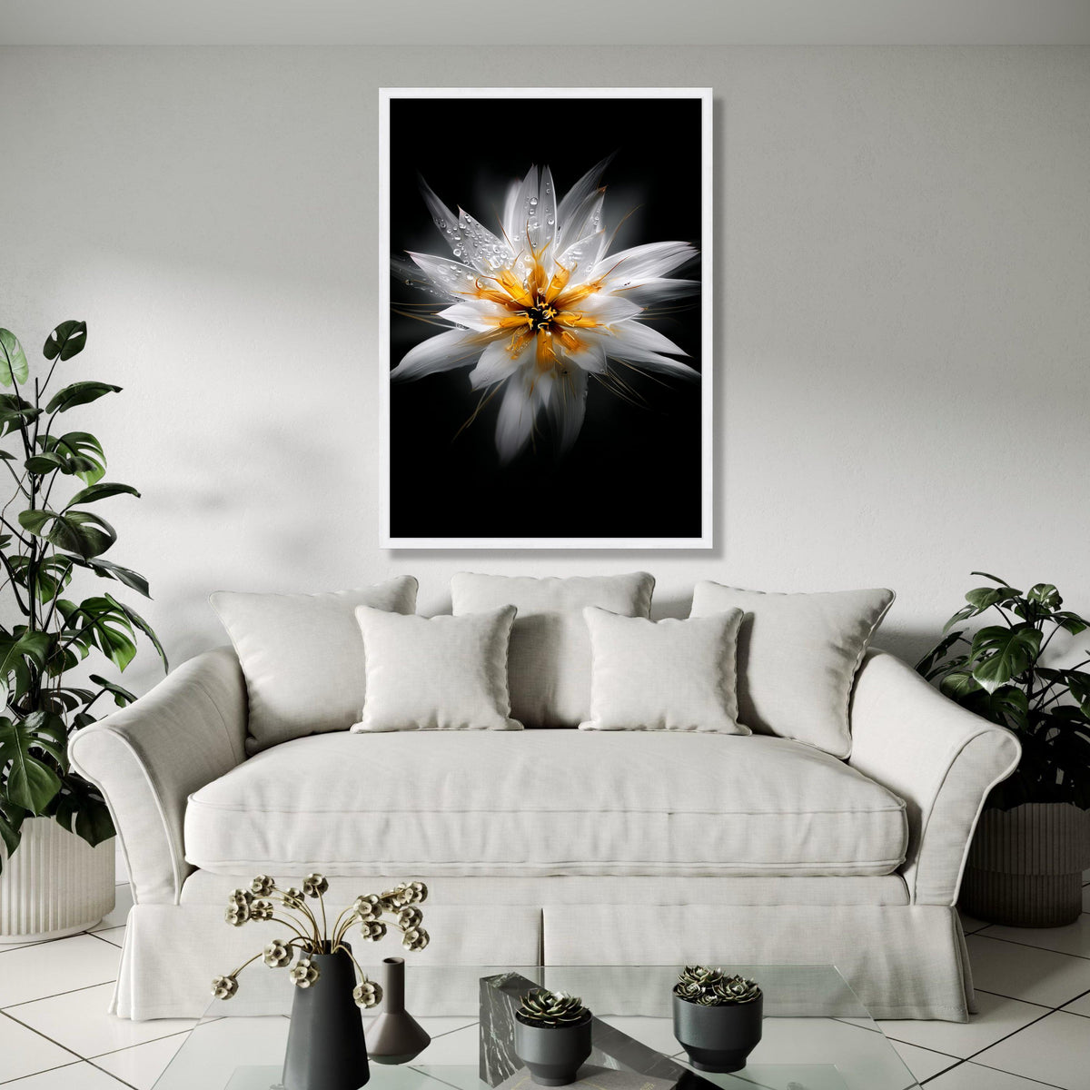 White and Yellow Floral Close-Up Canvas, Water Droplets Flower Art, Modern Nature Wall Decoration, Botanical Gift Art, Home Decor, Print