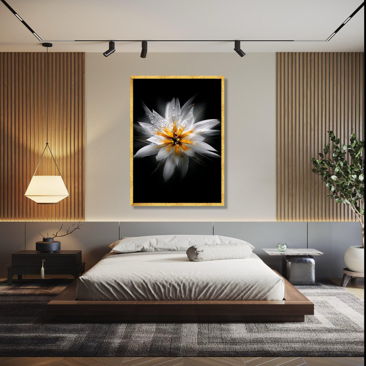 White and Yellow Floral Close-Up Canvas, Water Droplets Flower Art, Modern Nature Wall Decoration, Botanical Gift Art, Home Decor, Print