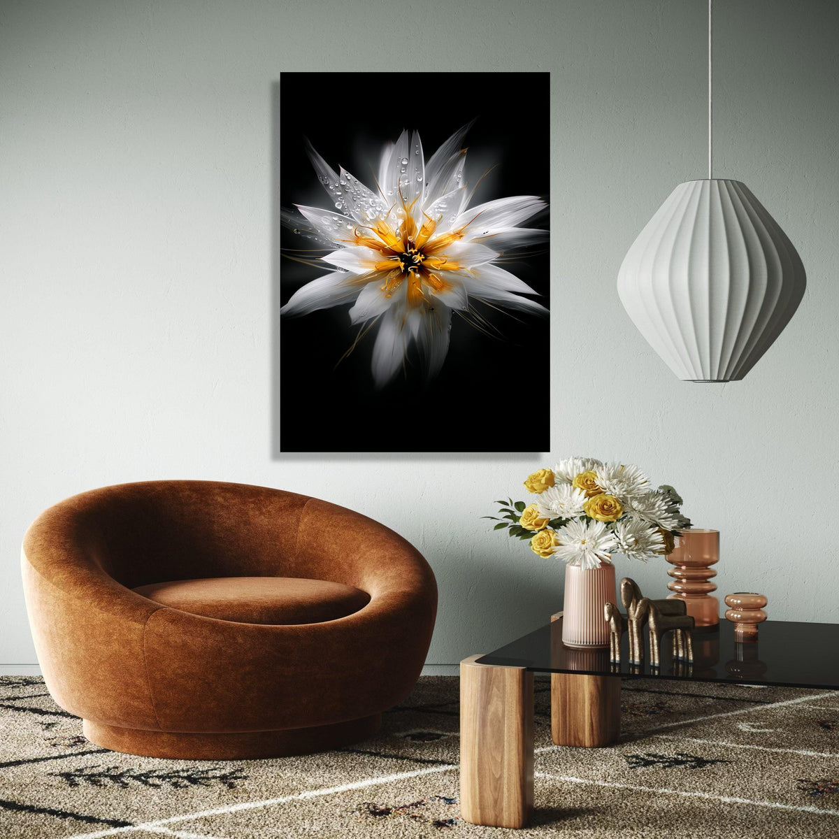 White and Yellow Floral Close-Up Canvas, Water Droplets Flower Art, Modern Nature Wall Decoration, Botanical Gift Art, Home Decor, Print