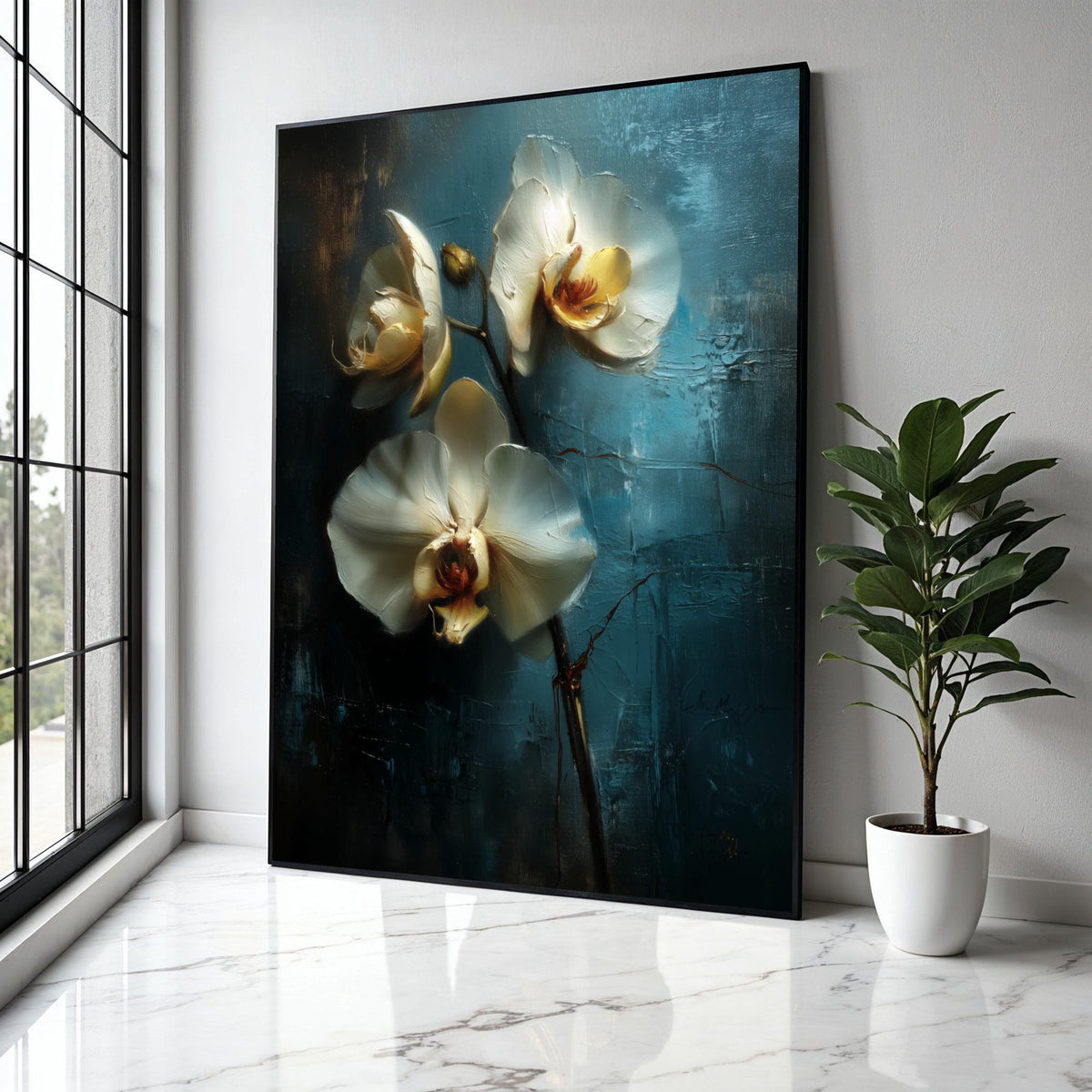 Elegant White Orchid Blossoms Canvas, Floral Wall Art, Blue Background Flower Painting, Modern Home Décor, Ready Gift Art, Home Decor, Print