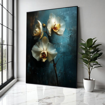 Elegant White Orchid Blossoms Canvas, Floral Wall Art, Blue Background Flower Painting, Modern Home Décor, Ready Gift Art, Home Decor, Print