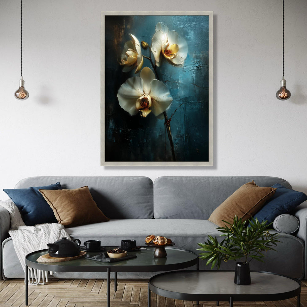 Elegant White Orchid Blossoms Canvas, Floral Wall Art, Blue Background Flower Painting, Modern Home Décor, Ready Gift Art, Home Decor, Print