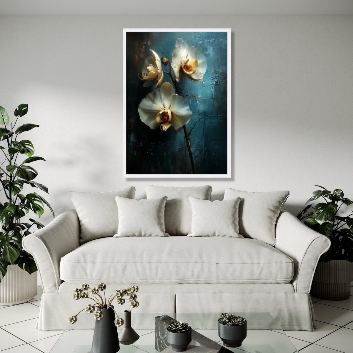 Elegant White Orchid Blossoms Canvas, Floral Wall Art, Blue Background Flower Painting, Modern Home Décor, Ready Gift Art, Home Decor, Print